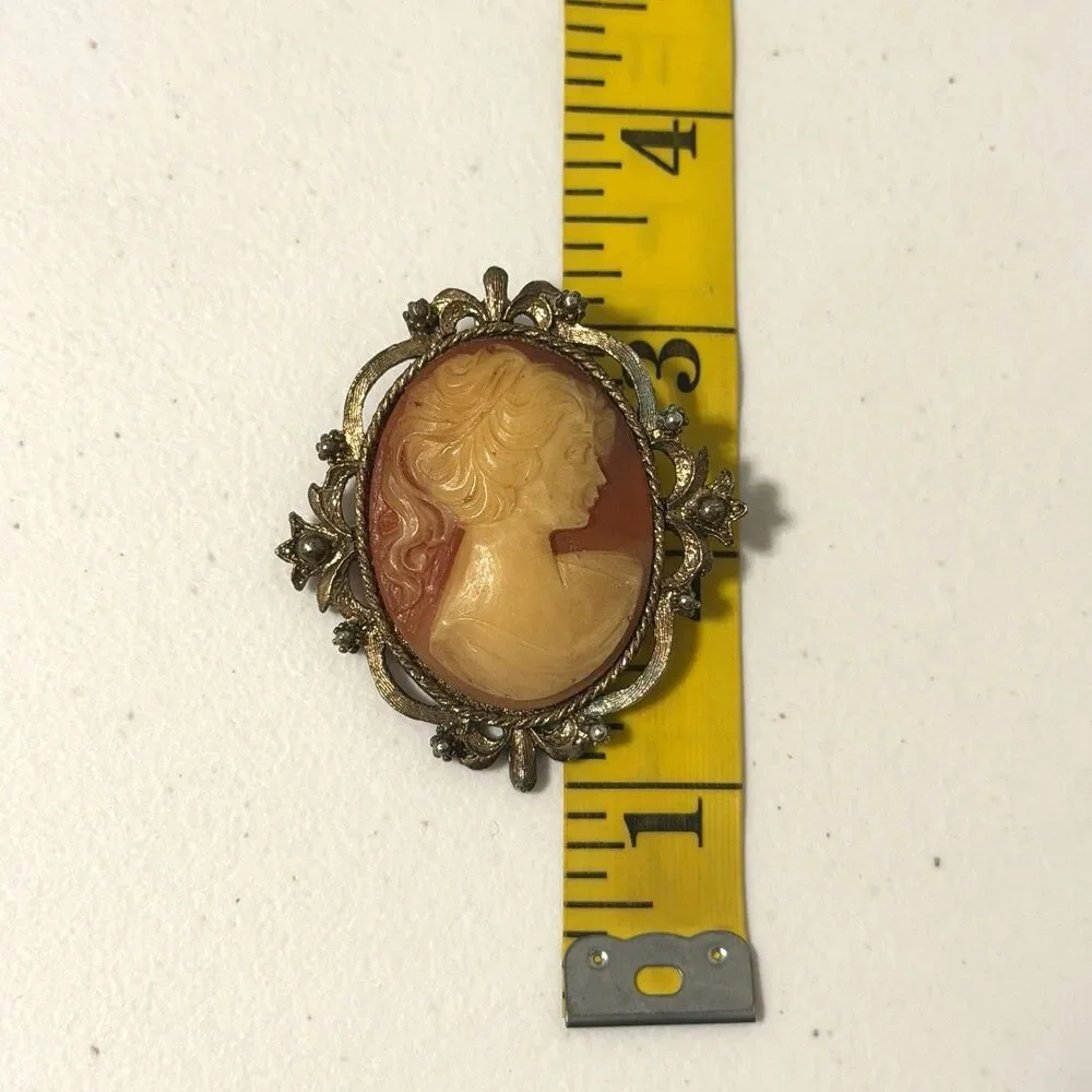 VTG Brooch Pendant Cameo Victorian French Lady Carved Bakelite Celluloid 3” L